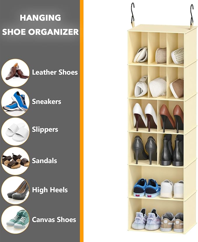 SpaceAid 2 Pack Hanging Closet Organizer and Storage with Dividers, 24 Compartments Hanging Shoe Shelves for Closet, Wardrobe, RV, Garment Rack - Beige