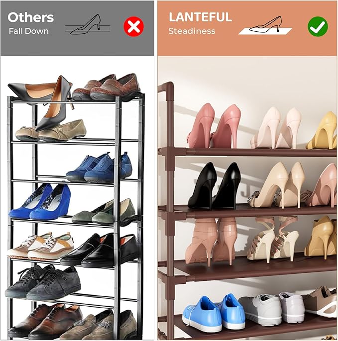 LANTEFUL 11 Tiers Tall Shoe Rack Holds 55 Pairs of Shoes with 18pcs Hooks Sturdy Wide Shoe Organizer Storage Free Standing Metal Shoe Shelf for Closet, Entryway Brown
