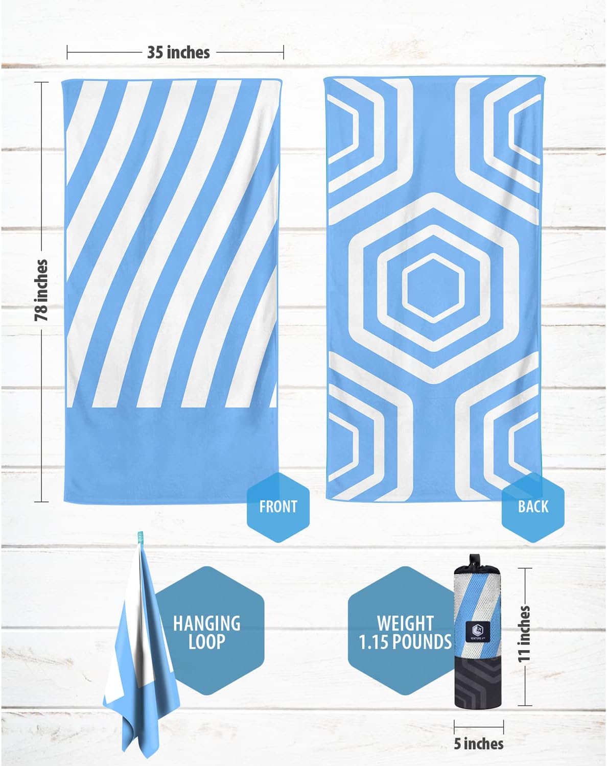 VENTURE 4TH Microfiber Beach Towel - Quick-Dry, Compact & Sand-Free | Sky Blue Stripes, 35x78 Inches
