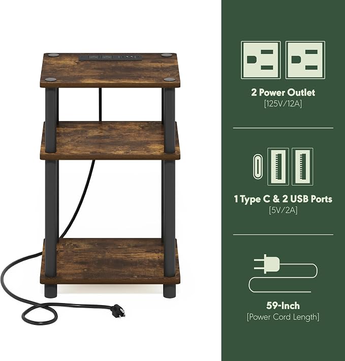 Furinno Just 3-Tier Turn-N-Tube USB and Type-C Charging Port End Table with Open Storage, 11.42 (W) x 8.82 (H) x 6.77 (D) inches, Amber Pine/Black
