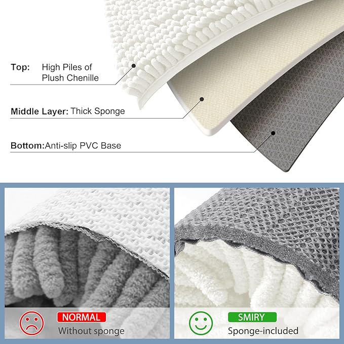 Smiry Luxury Chenille Bathroom Rugs 59x35, Extra Soft and Absorbent Shaggy Bath Mat, Machine Washable, Non-Slip Plush Carpet Runner for Tub, Shower, and Floor, Home Decor Accessories, Ivory