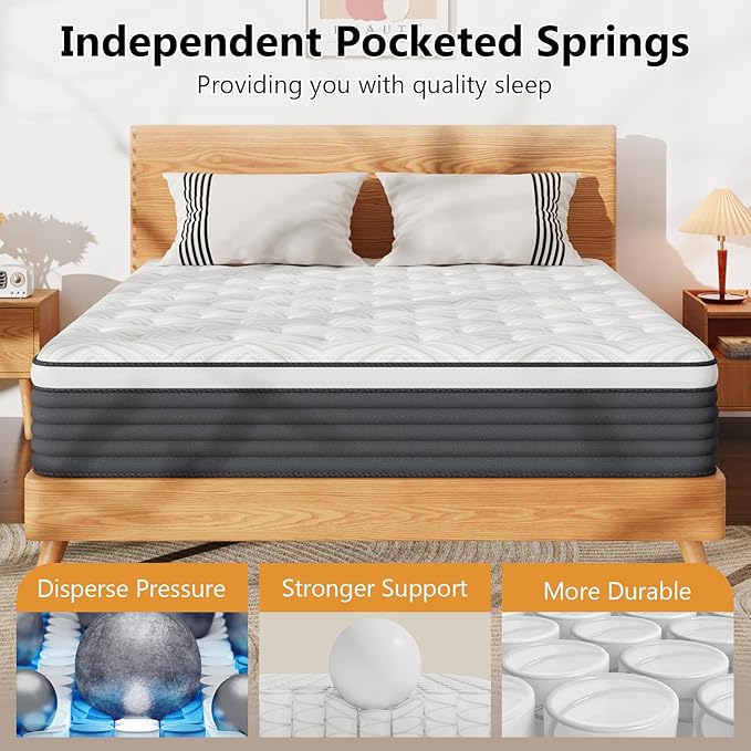 King Size Mattress,14 Inch Hybrid Mattress in a Box with Gel Memory Foam and Pocket Spring for Pressure Relief & Zoned Support, Soft and Comfort Sleep, Medium Firm King Matress, CertiPUR-US