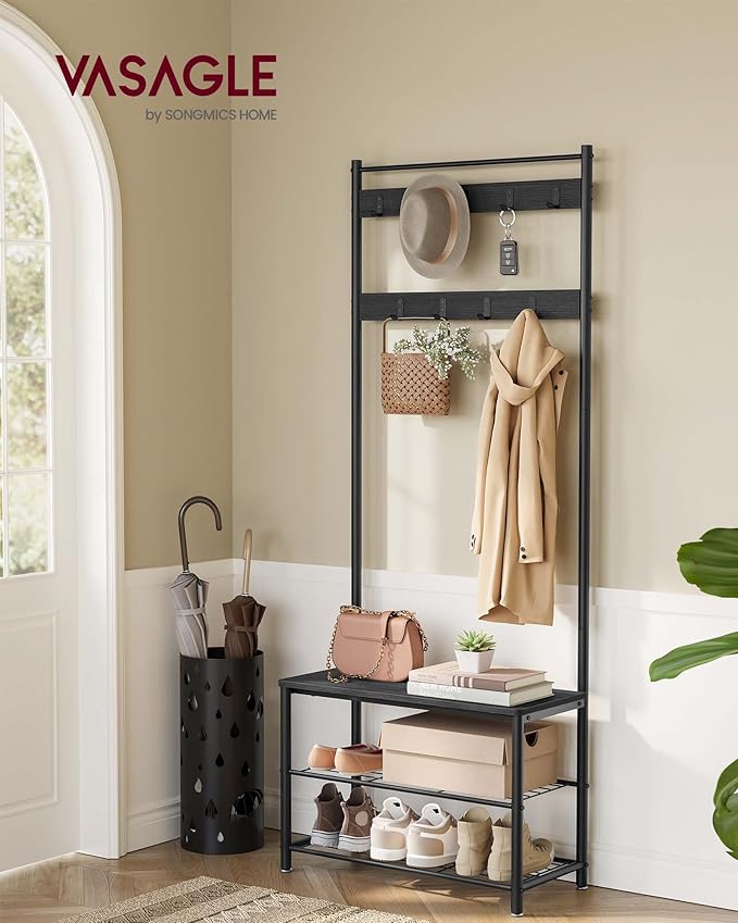 VASAGLE Coat Rack, Hall Tree with Shoe Storage Bench, Entryway Bench with Shoe Storage, 3-in-1, Steel Frame, for Entryway, 12.6 x 27.6 x 68.9 Inches, Industrial, Charcoal Gray UHSR041B01