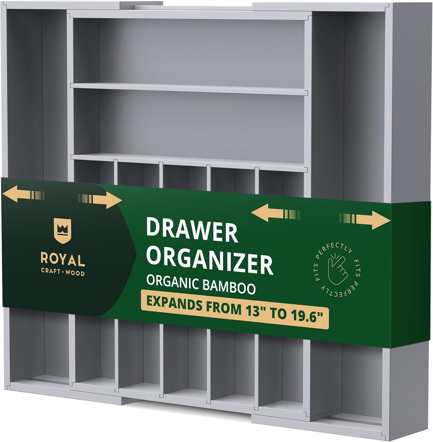 Luxury Bamboo Kitchen Drawer Organizer - Silverware Organizer - Utensil Holder and Cutlery Tray with Grooved Drawer Dividers for Flatware and Kitchen Utensils (9 Slot, Gray)