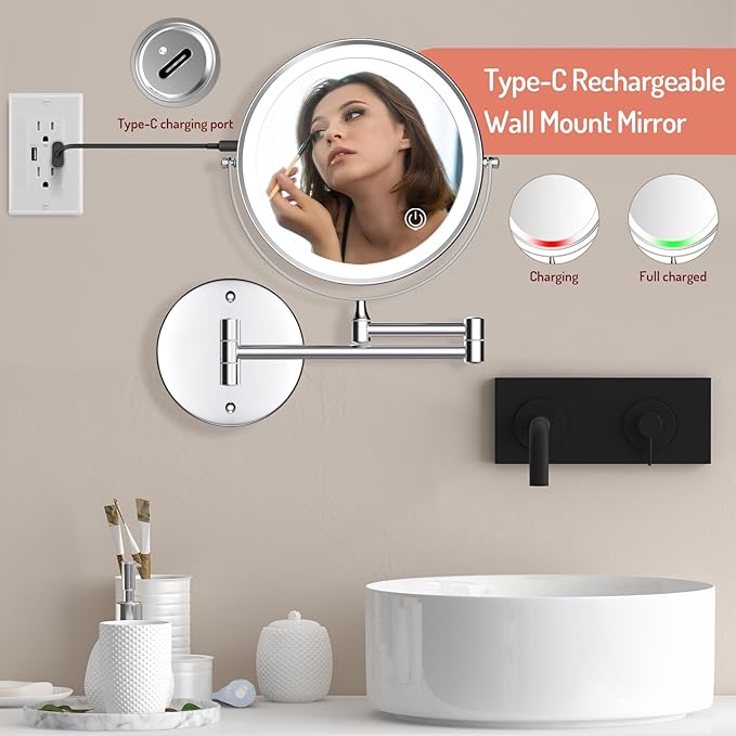 Rocollos Rechargeable Wall Mounted Lighted Makeup Mirror, 8 Inch Double-Sided