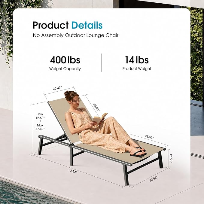 Ciokea Foldable Outdoor Lounge Chair, No Assembly Patio Chaise Lounge Outdoor with 5-Positions, Aluminum Pool Lounge Chair with Portable Design for Pool, Beach, Deck, Backyard, Khaki