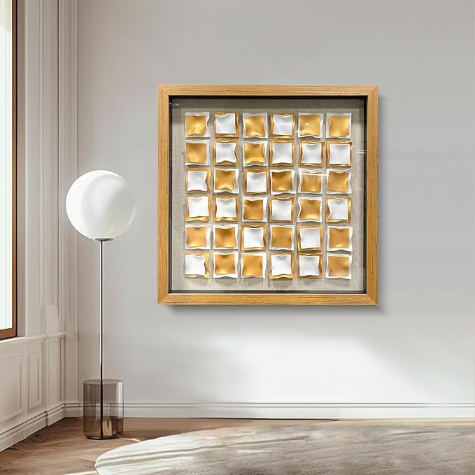 BrightA Gold and White Geometric Wall Sculpture Reflective 3D Textured Panels Brushed Metal Texture with Wave Modern Framed Abstract Art for Bedroom Office Decor 23.6"x23.6"