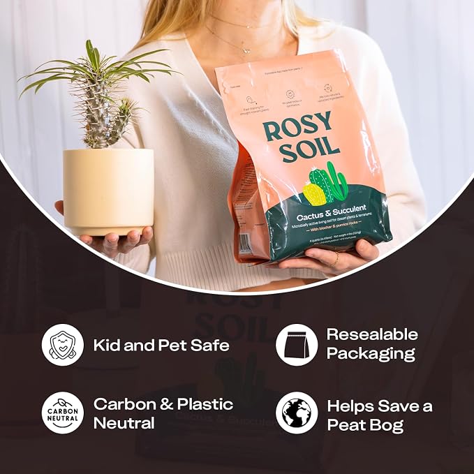 Rosy Soil Cactus & Succulent Potting Mix, 4qt, Pack of 2 | Organic Succulent Potting Soil, Chunky Fast Draining, Peat-Free, Root Boosting Mix, For AloeVera, Cacti, Indoor Succulents