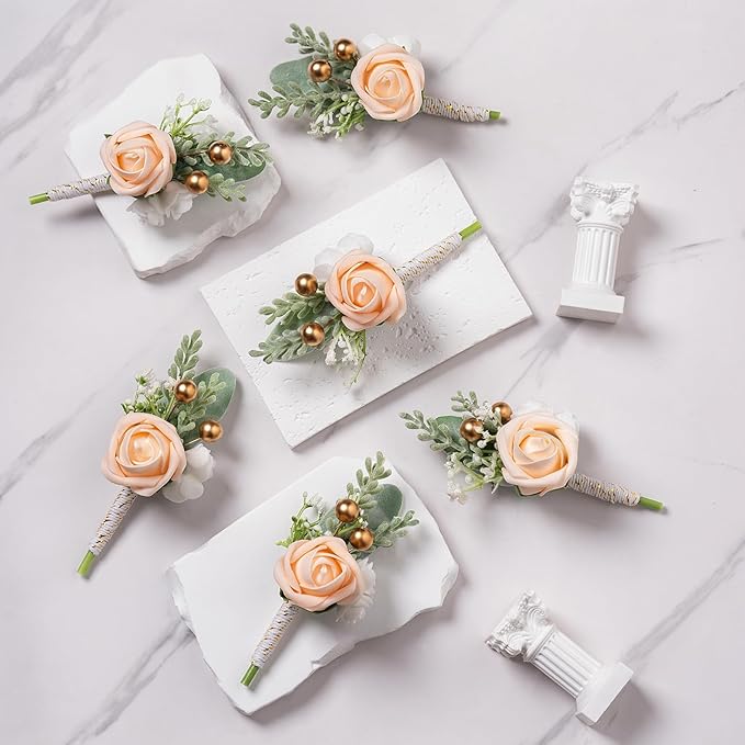 Meldel Champagne Boutonniere for Men Wedding, Set of 6, Groom Groomsman Boutonniere, Mens Boutonnieres for Wedding Prom Ceremony Anniversary Party Homecoming Graduation
