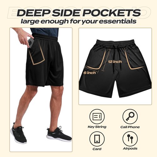 BOOJO Athletic Gym Shorts - 5 Pack Quick Dry Black Basketball Shorts with Pockets for Activewear