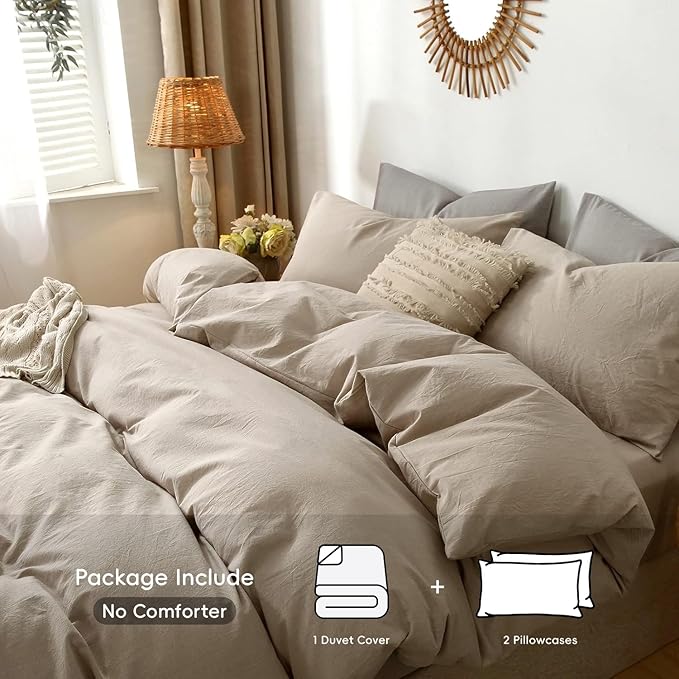 MooMee Bedding Duvet Cover Set 100% Washed Cotton Linen Like Textured Breathable Durable Soft Comfy (Heathered Taupe, King 104"x90")
