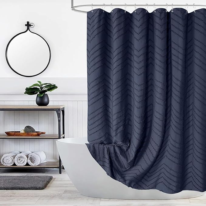 Navy Blue Fabric Shower Curtain Boho Tufted Chevron Striped Textured Cloth Curtains for Bathroom Farmhouse Shabby Chic Waterproof Set with Hook, Wrinkle Free