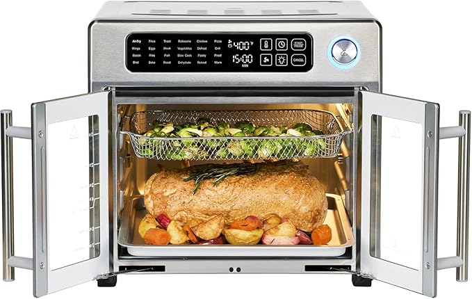 Emeril Lagasse Extra Large French Door Air Fryer Toaster Oven Combo, 24 Cooking Functions and Digital Controls, 7 Accessories Included, Stainless Steel Finish, 26QT Capacity