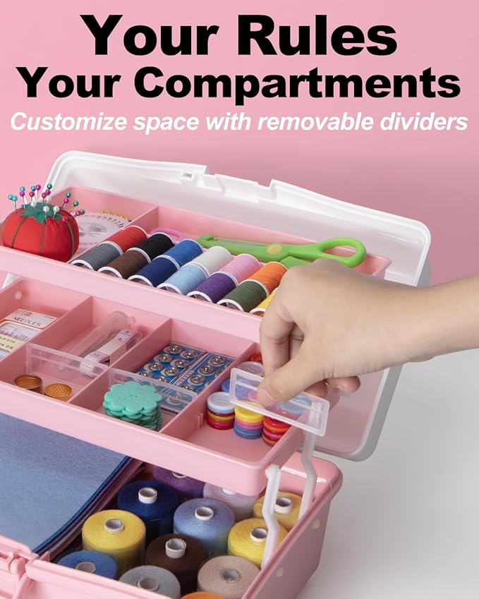 12in 3-Layer Plastic Craft Organizers and Storage, Portable Folding Tackle Box with Handle & Adjustable Dividers, Multipurpose Case for Sewing, Art Supplies, Medicine, Tools (White Pink)