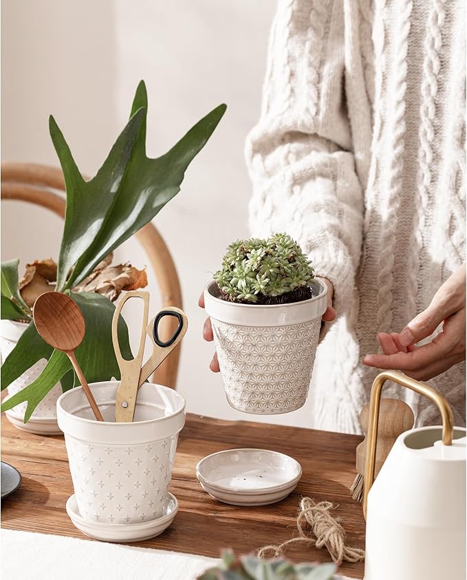 Ceramic Succulent Pots with Drainage Hole & Saucer, 4 Inch Small Plant Pots, Ceramic Planter for Indoor Plants, Embossed Flower Pots, Home Decor, Set of 4, Off-White