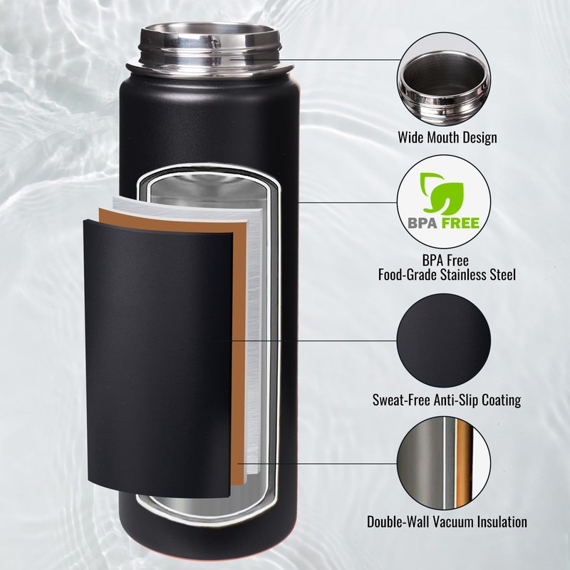 Fijinhom 24 oz Insulated Water Bottle with Handle, 304 Stainless Steel Water Bottles with Wide Mouth, Double Wall Vacuum Sports Water Bottle, BPA Free, Keep Cold and Hot, Black