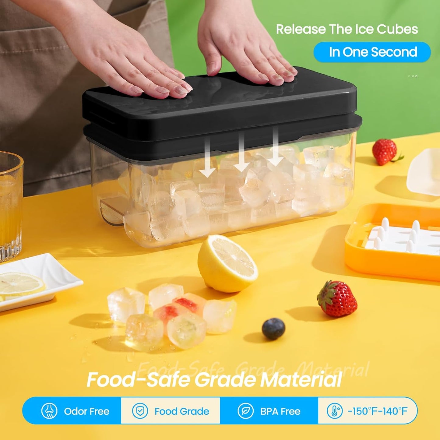 Ice Cube Tray with Lid and Bin, 32 pcs Ice Trays, Easy to Release Ice Trays for Freezer, Ice Cube Tray Mold, with 1 tray, Ice Freezer Container for Whiskey, Cocktail, Black