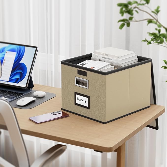 Huolewa File Organizer Boxes with Lids, Collapsible Faux Leather Hanging File Folder Box Organizer with Plastic Slide, Decorative Home/Office Filing System Boxes for File and Folders Storage
