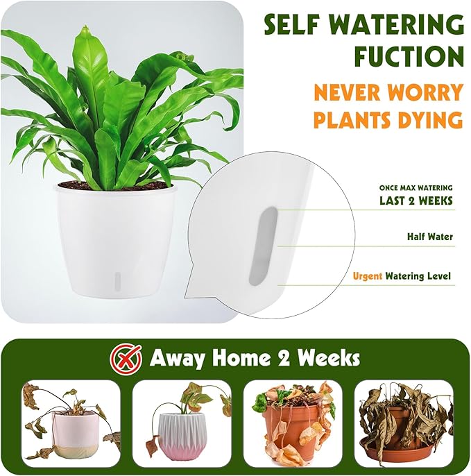 Self-Watering Pots for Indoor Plants, 8-Pack 6.7'' Self Watering Planter with Drainage Holes, Small African Violet Pots with Water Indicator, Clear Wick Pot, White
