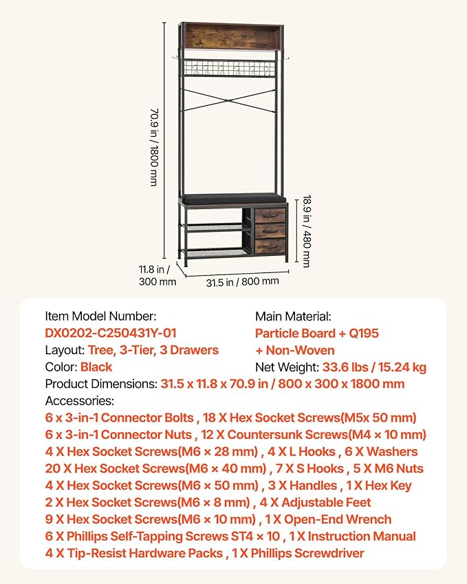 VEVOR Hall Tree with Bench and Shoe Storage, Entryway Bench with Coat Rack, 3 Drawers, 3 Storage Cubbies, 7 Hooks with Soft Cushion for Entryway, Hallway