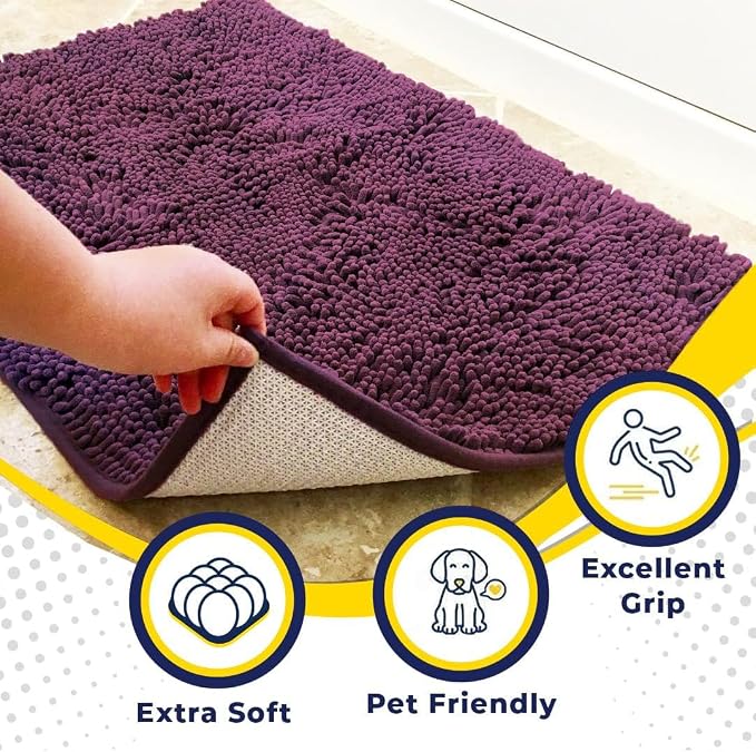 Muddy Mat® | Super Water Absorbent Door Mat Indoor, Microfiber Quick Dry Chenille Entryway Rug, Slip Resistant Front Door Mat, Indoor Mats for Entryway, Machine Washable Pet Rug, Dark Purple 36"x60"