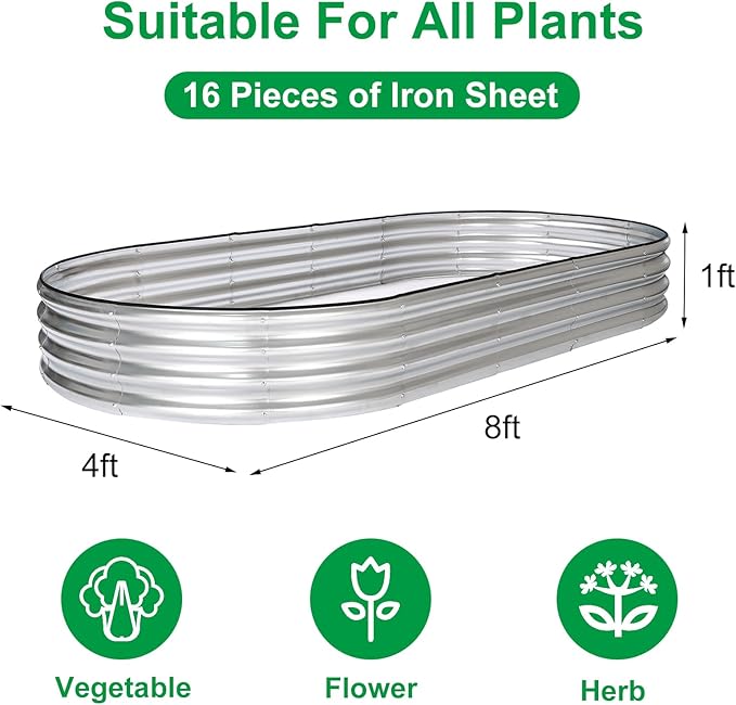 JERIA 8×4×1ft Oval Raised Garden Bed,Galvanized Raised Garden Bed Kit Outdoor Metal Gardening Planter Box for Vegetable, Fruits, Flower，Herbs