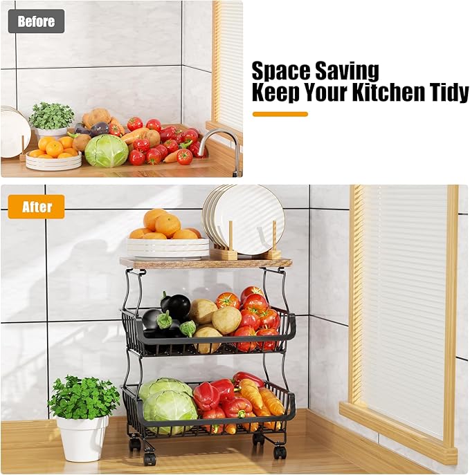 Fruit Vegetable Basket for Kitchen, 5 Tier Stackable Fruit Vegetable Storage Baskets with Wheels, Metal Wire Storage Basket Organizer Baskets for Kitchen, Pantry, Bathroom