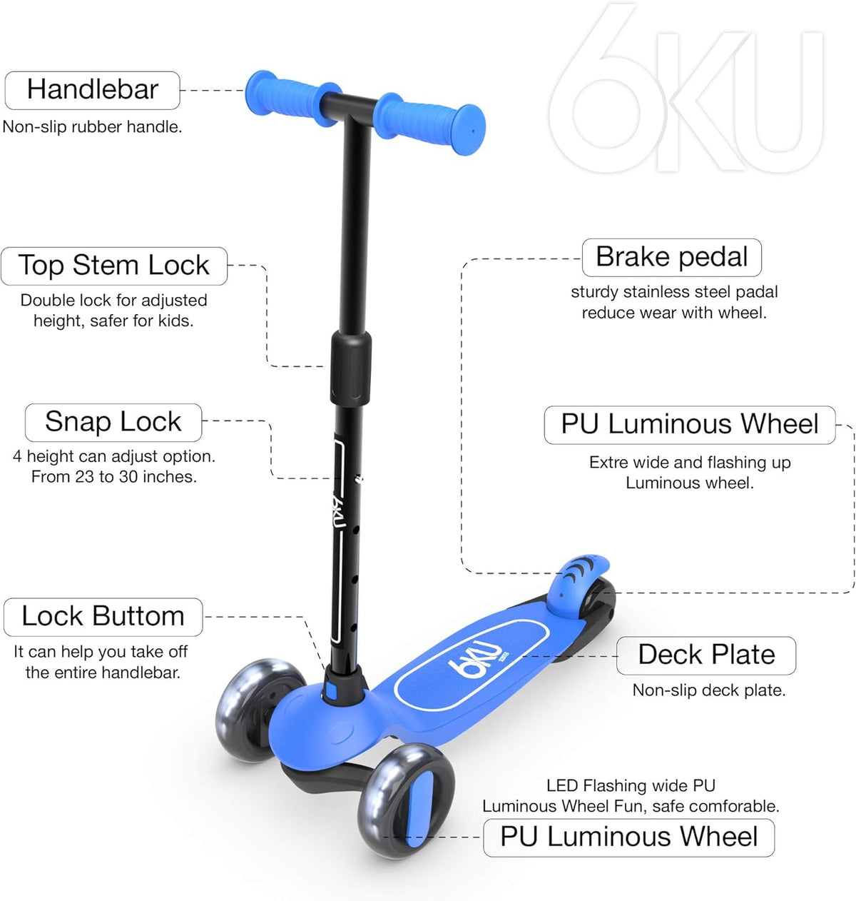6KU Kids Scooter - Adjustable Height for Ages 3-10 | Extra-Wide PU LED Flash Wheels