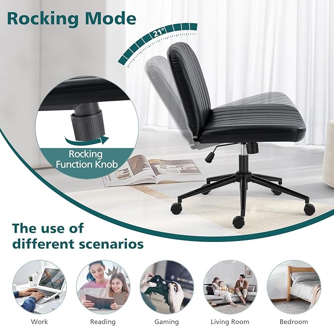 OLIXIS Criss Cross Chair with Wheels Wide Cross Legged Office Desk Vanity Chair Comfy Fabric Armless Adjustable Swivel for Home Computer Task PU Black