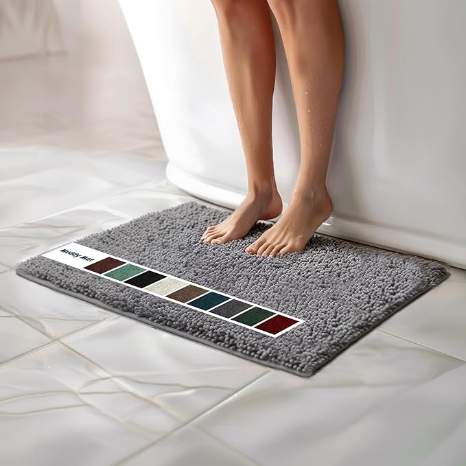 Muddy Mat Chenille Bathroom Rugs Quick Dry Microfiber Mats Non Slip Washable, Extra Thick, Soft and Highly Absorbent Bath Mats for Bathroom, Kitchen, and Shower Floor - Grey Small 28"X18"