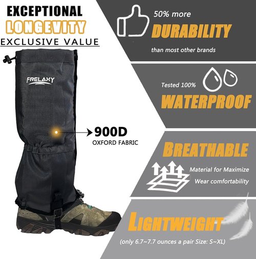 Frelaxy Leg Gaiters - Ultra High-Performance Waterproof Hiking Gaiters | Adjustable Rubber Foot Strap