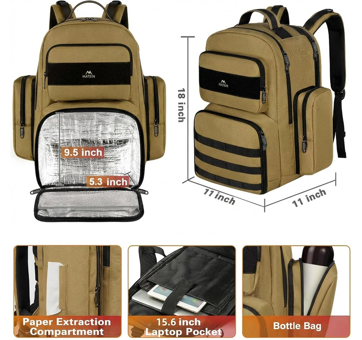 MATEIN Lunch Backpack for Men, 15.6 Inch Travel Laptop Backpack