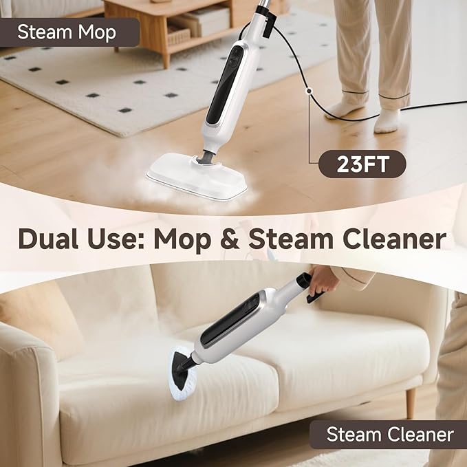 12-in-1 Steam Mop, Detachable Handheld Steam Cleaner for Home, 23FT Cord, 3 Steam Modes & LED Display, Steam Mops for Floor Cleaning, Bathroom, Windows, Sofas, Clothes, Tile Grout, Carpets, Furniture