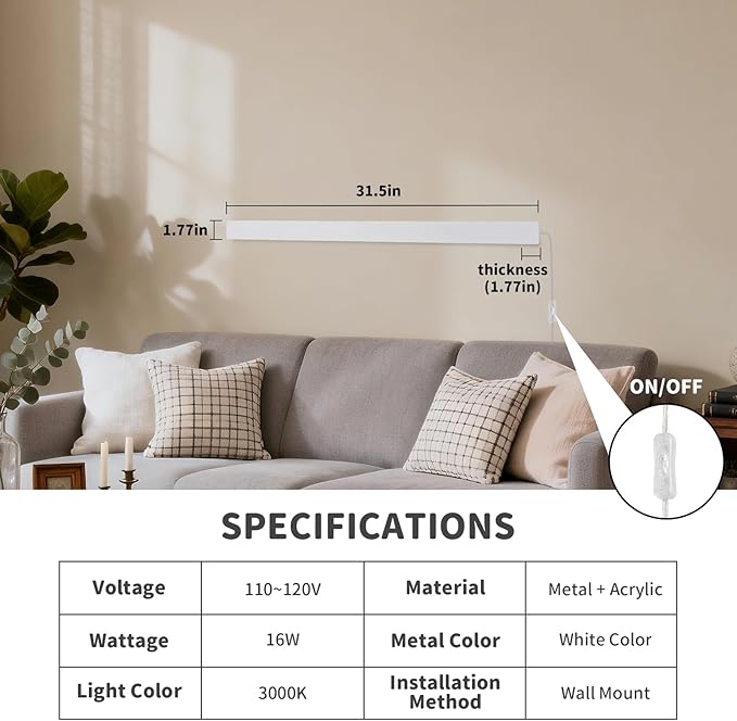KELUOLY Modern Plug in Wall Lights, 31.4 inch Frosted White LED Long Wall Sconce