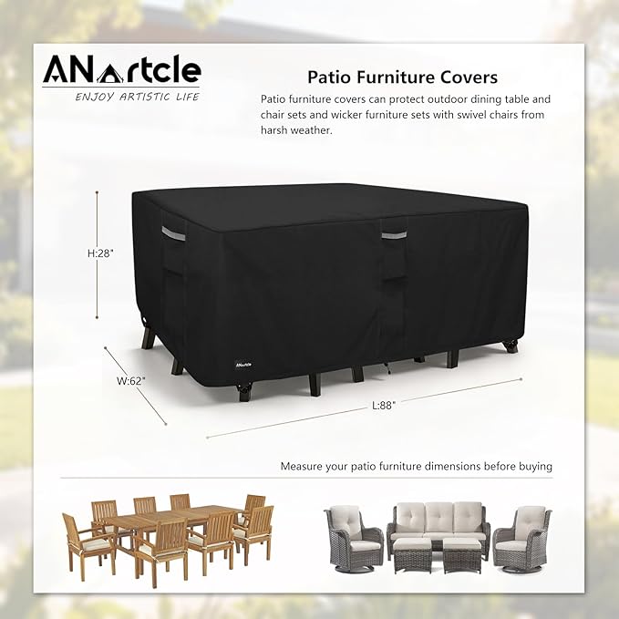 ANartcle Patio Furniture Covers 88L x 62W x 28H inch,600D Waterproof Heavy Duty Outdoor Furniture Covers,Outdoor Wicker Furniture Set with Swivel Patio Chairs General Purpose Furniture Cover,Black