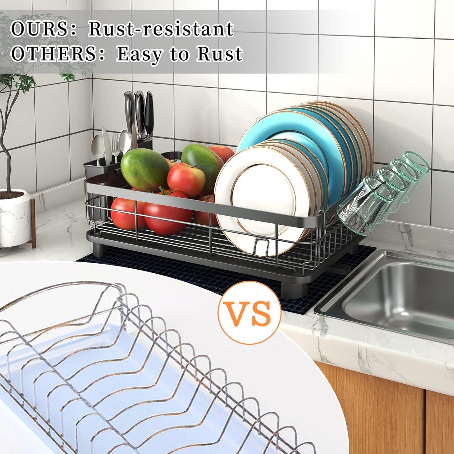 Godboat Dish Drying Rack, Dish Rack with Auto-Drain & Mat, Dish Drainers for Kitchen Counter, Glass Organizer for 4 Cups, 3 Slots Utensil Holder,Gifts for Women Mothers Day, Kitchen Gadgets & Decor