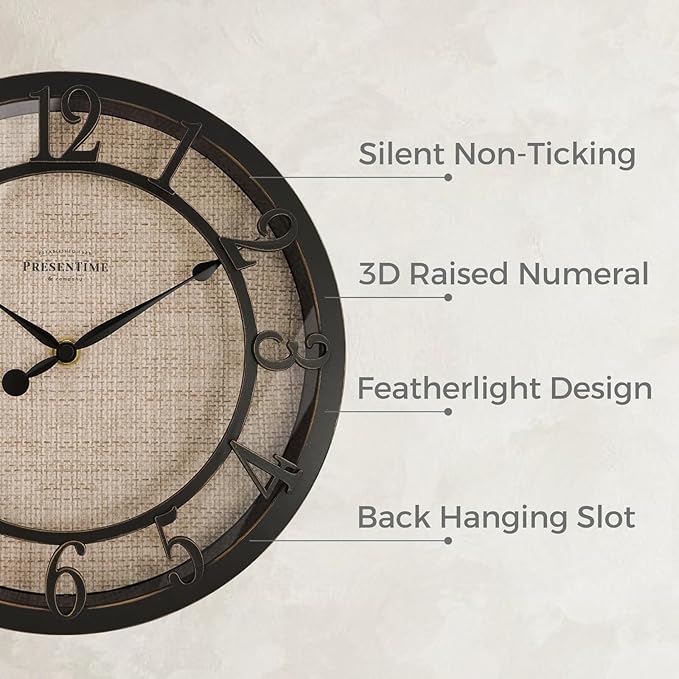 Presentime & Co 10" Farmhouse Series Wall Clock, Cottage Style, Faux Burlap