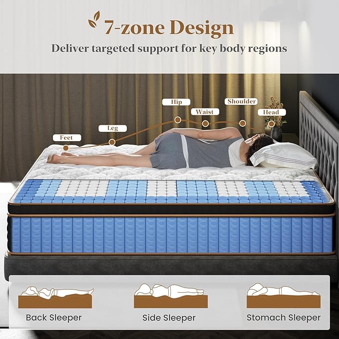 Queen Mattress 10 Inch, Cooling Hybrid Bed in a Box, Individual Pocket Springs, Motion Isolation, Targeted Hip/Shoulder/Lumbar Support, Fiberglass-Free, Ergonomic Zones, 365-Night Trial, CertiPUR-US