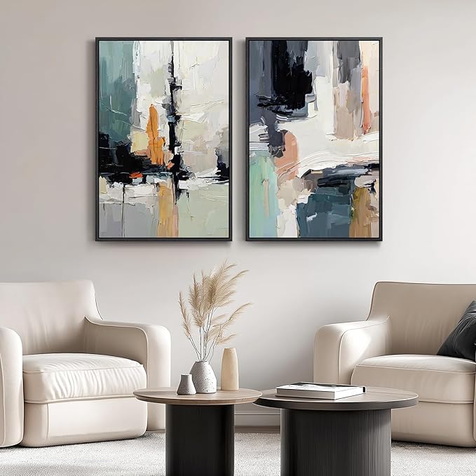 Large Framed Colorful Abstract Wall Art, Bright Blue Green Multicolor Pictures