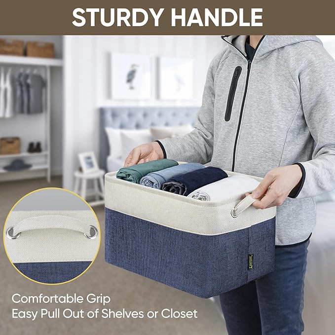 BALEINE 3 Pack Fabric Storage Bins for Shelves, Linen Storage Baskets for Organizing, Decorative Closet Bins for Clothes, Home (Navy Blue, 15"x11"x9.5")