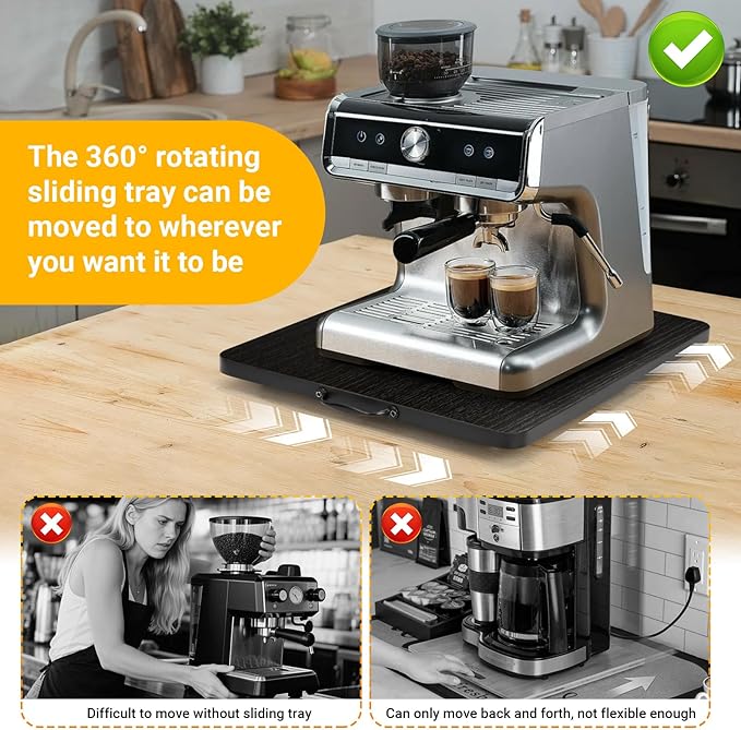 360° Rotatable Sliding Tray for Kitchen Appliances, Wooden Sliding Tray for Coffee Maker, Coffee Pot Slides for Countertop Installation, Easy to Slide (Black, Small)