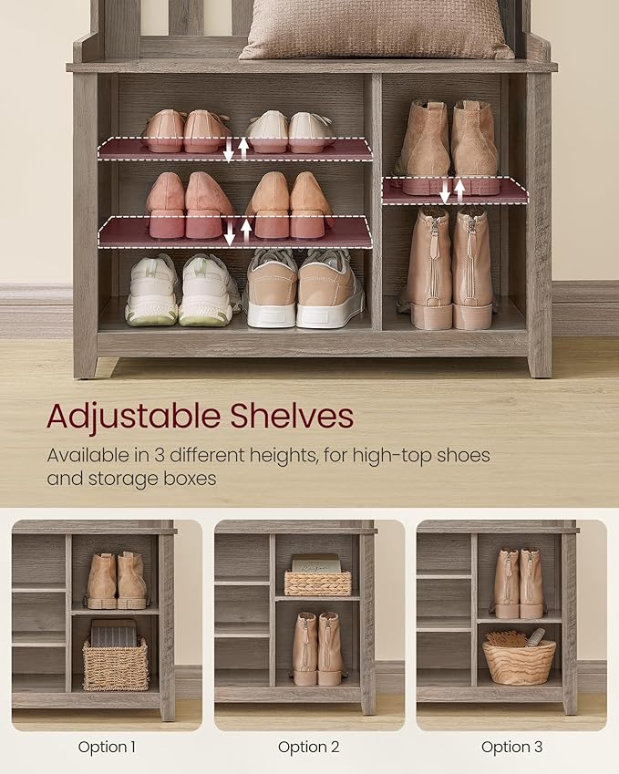 VASAGLE Hall Tree with Bench and Shoe Storage, Coat Rack with Shoe Bench, 7 Double Hooks for Jackets, Hats, Entryway, Bedroom, Living Room, 13.8 x 31.9 x 70.9 Inches, Heather Greige UHSR414G01