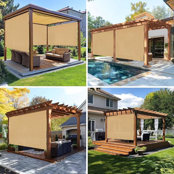8'W x 6'H Sesame Patio Shades Roll up Outdoor Roller Shade Crank Wand Blind