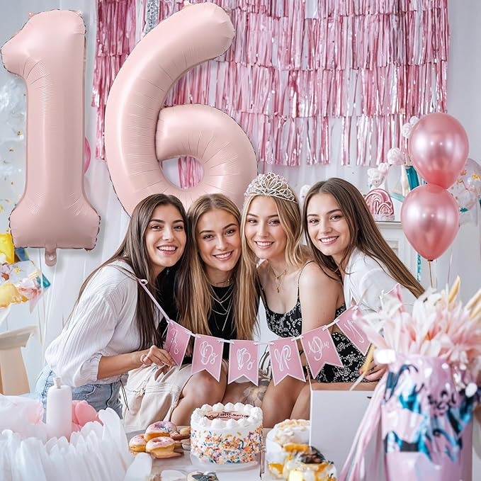 Light Pink Sweet 16th Birthday Balloon for Girls, 40 Inch Self Inflating Mylar Number 16 Balloons, Big Blush Pastel Pink Foil 1 & 6 Helium Balloon 16 for Women Coquette 16th Birthday Party Decorations