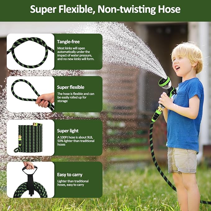 Garden Hose Non-Expanding 100ft, Flexible Water Hose with 10 Function Spray Nozzle, Lightweight, Kink Free,Leak Proof Water Hose for Outdoor,Yard, Lawn, Car Wash, Pet,RV (100FT)