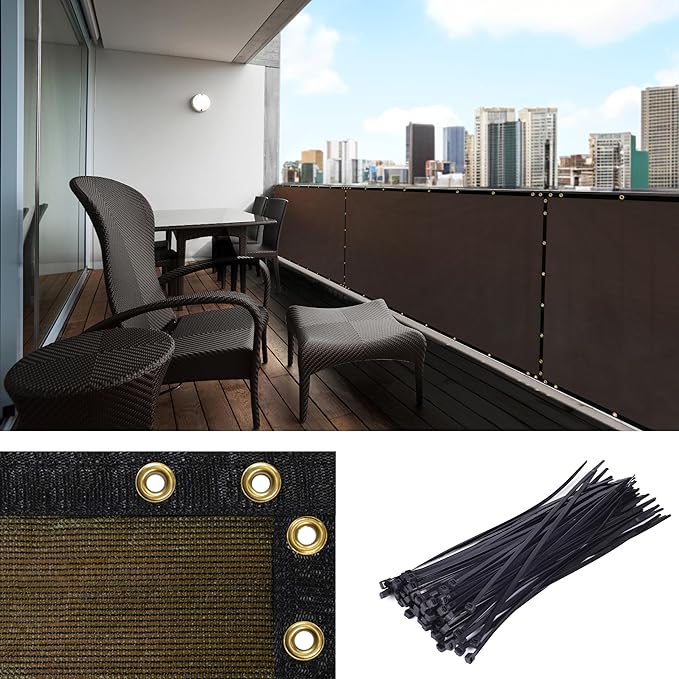 Amgo Custom Made 3' x 110' Brown Balcony Privacy Screen, Apartment Porch Railing Patio Fence Windscreen Fabric Cloth, Heavy Duty, Commercial and Residential, 90% Blockage (We Customize)