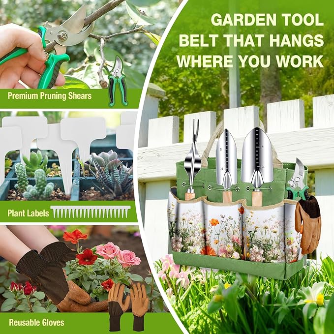 Gardening Tools Set for Women 29Pcs Heavy Duty Garden Hand Tools Set with Floral Tote Bag Rust-Proof Garden Tool Kit Supplies Gardening Esssential Garden Gifts for Mothers Day Mom Beginner