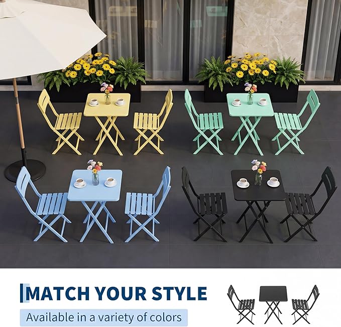 GarveeLife 3 Piece Outdoor Bistro Set, All Metal Patio Table and Chairs Set, Round Tube Iron Bistro Furniture Set for Balcony Porch Garden Cafe, Weather Resistant