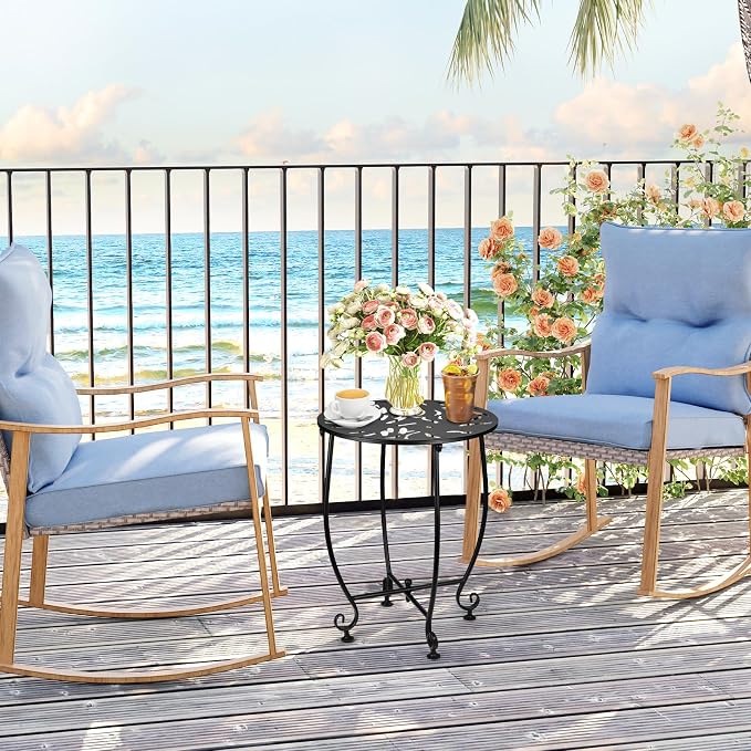 14 Inch Outdoor Metal Side Table, Weather Resistant Small Round End Table for Patio, Yard, Balcony, Garden - Plant Stand Outside (Color1-Turtle Leaf, Black)