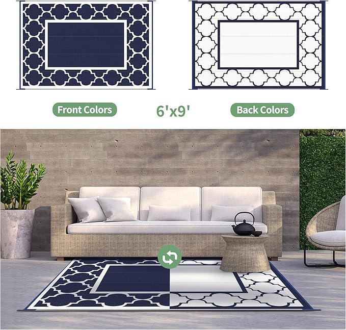 GENIMO 6' x 9' Outdoor Rug Waterproof for Patio Decor, Foldable Reversible Plastic Straw Area Rugs Mat for Camper, Outside Carpet for Rv, Deck, Porch, Picnic, Beach, Balcony, Blue & Grey